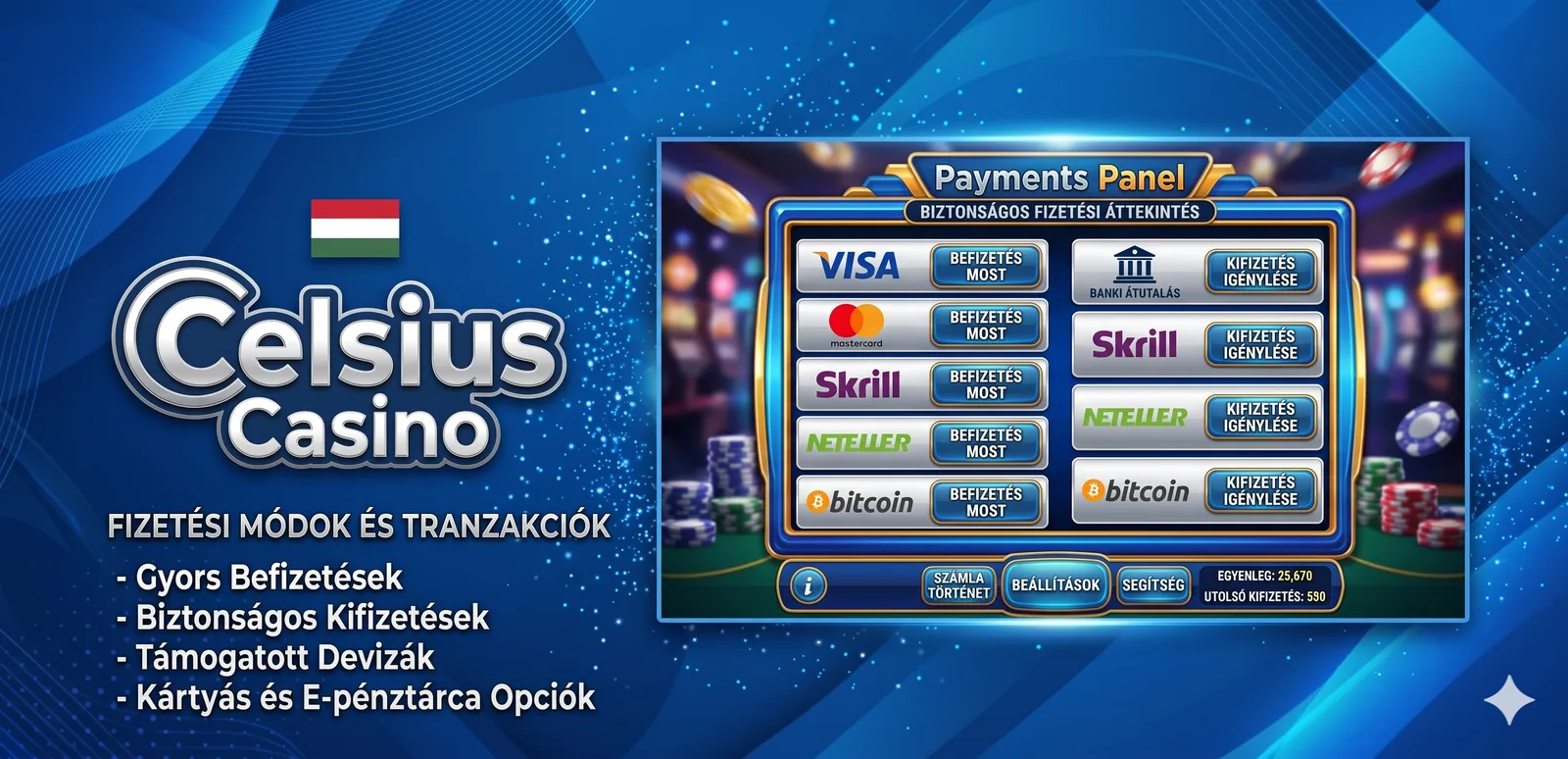Celsius casino fizetési módszerek