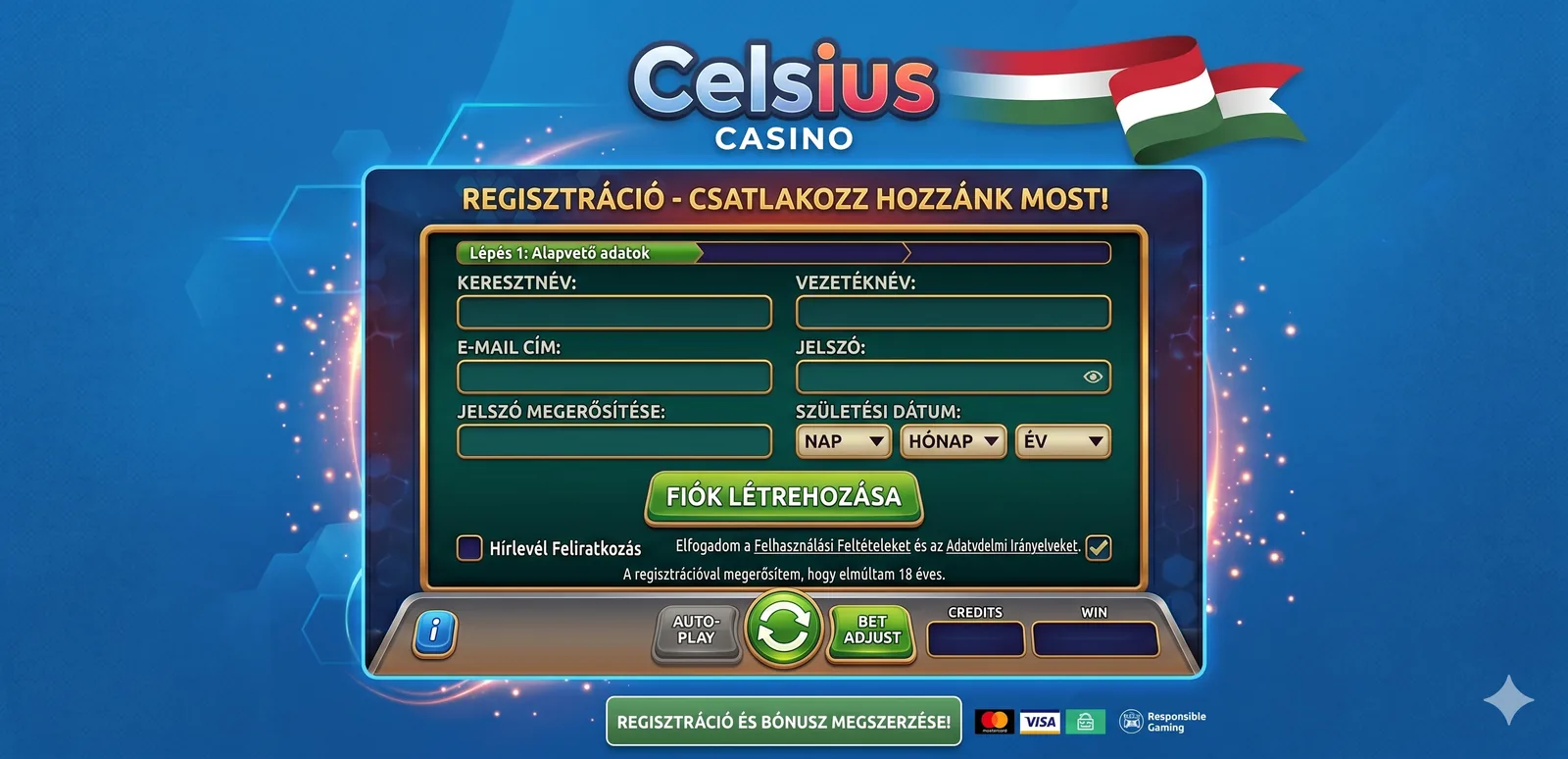 Celsius casino regisztráció képernyő